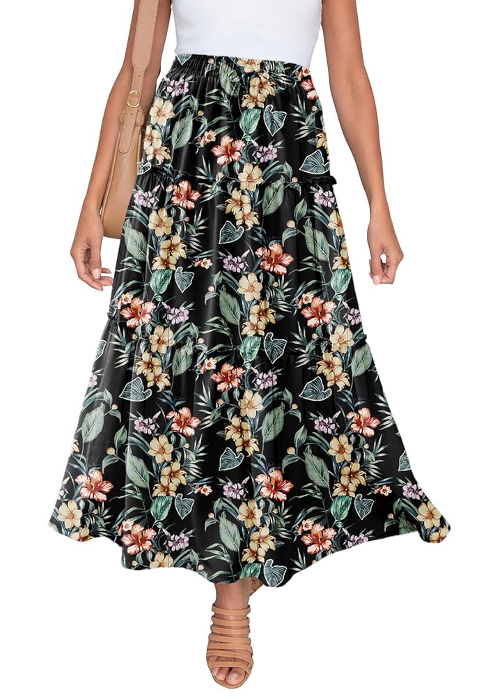 mame　Skirt Long Layered Botanical HERBATOMIA Women's Tiered Maxi Skirt Floral Print Flowy High